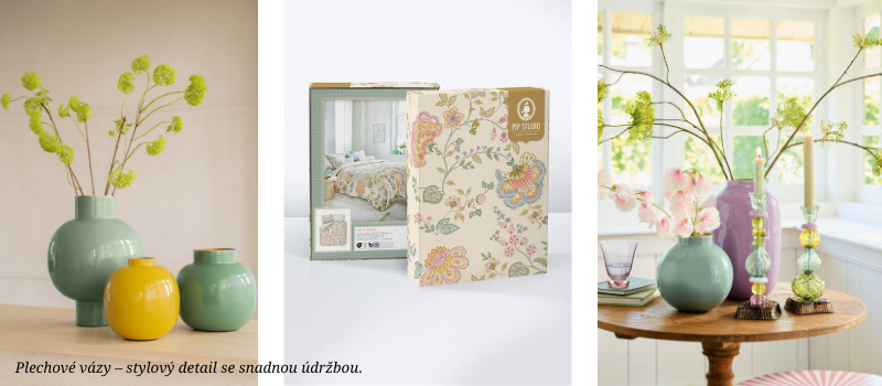 Plechové Pip Studio vázy kulaté malé žlutá a zelená. a velká kulatá jakoby na nožce zelená, vysoká oválná fialová. dárkový box s povlečením s designem Buenas Tardes